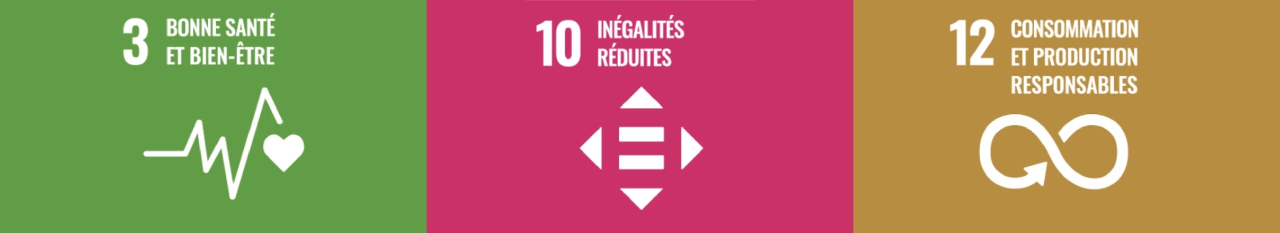 Objectifs de développement durable de l'ONU visées par nos actions Objectifs de développement durable de l'ONU visées par nos actions: 3 - bonne santé et bien être; 10 - inégalités réduites; 12 - consommation et production responsables