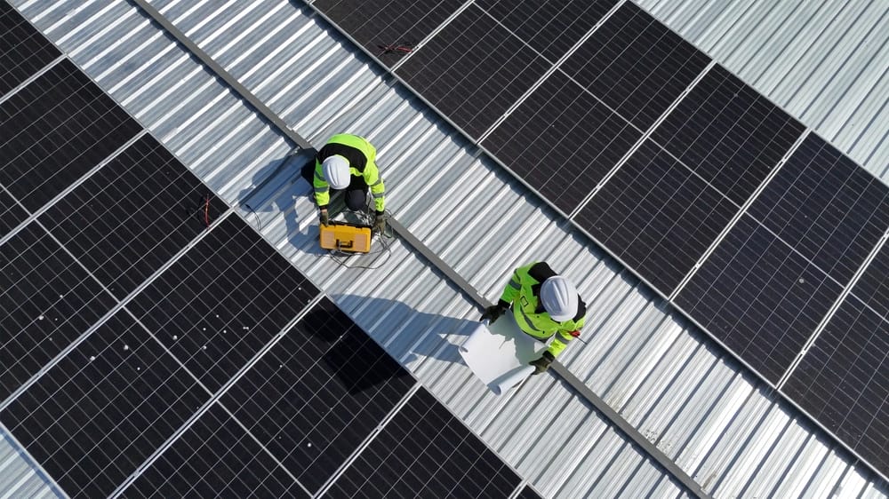 Deux travailleurs en équipement de sécurité installent des panneaux solaires sur un toit métallique sous un ciel dégagé.